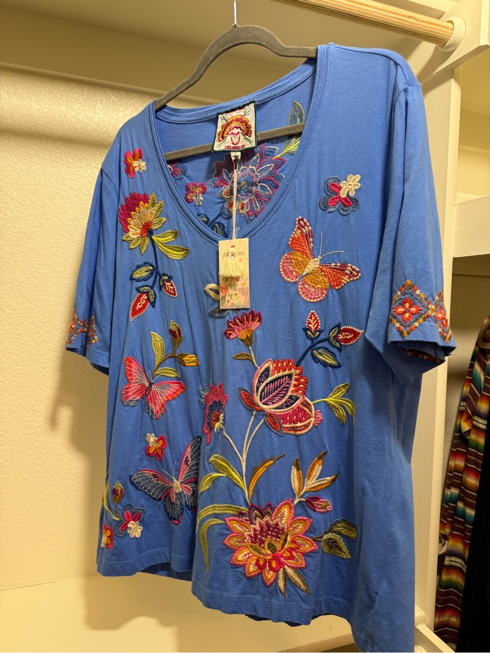Johnny Was Blue V-Neck Embroidered Floral & Butterfly Tee